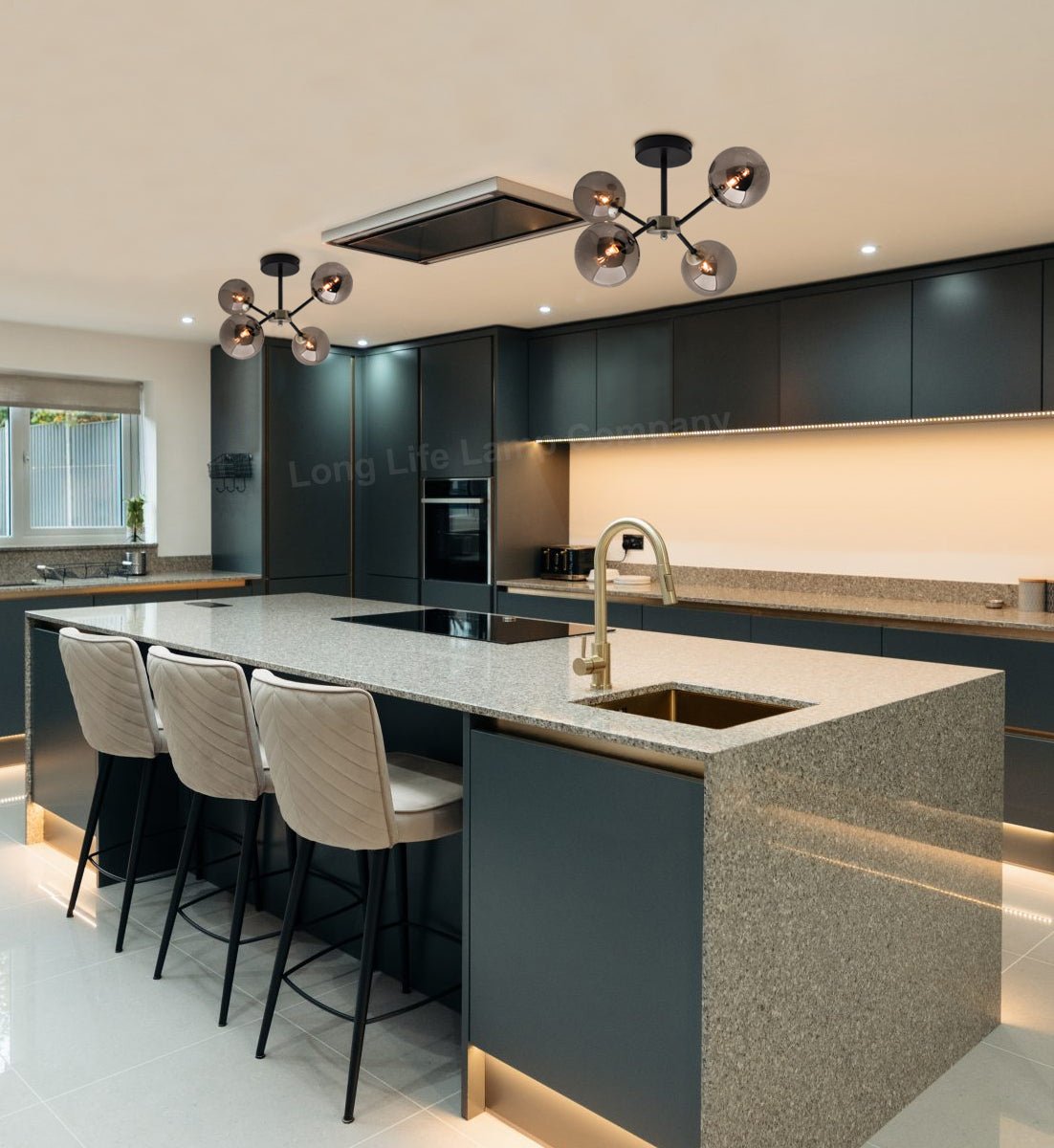 Modern Ceiling Light 4 Glass Globe Smoked Grey Lamp Shades with G9 LED 5w Warm White - Energy Light Bulbs - Free delivery on all orders