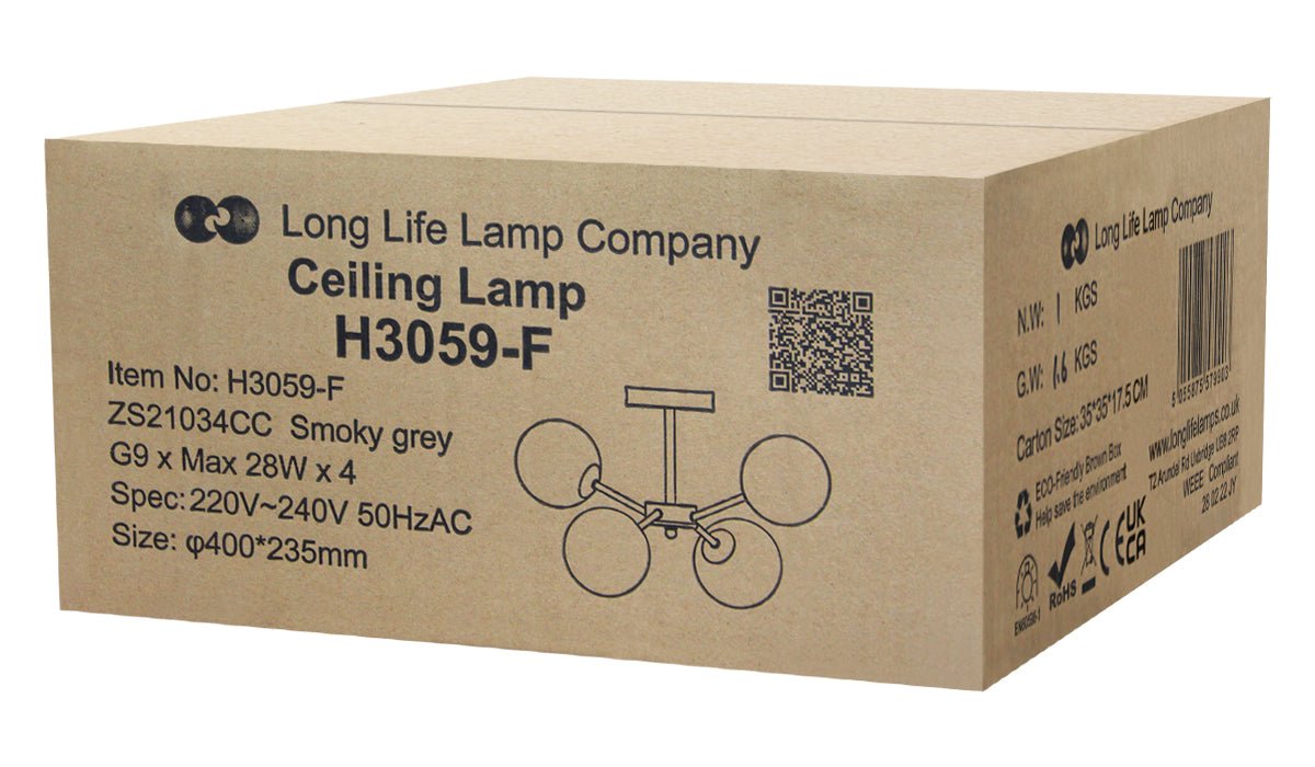 Modern Ceiling Light 4 Glass Globe Smoked Grey Lamp Shades with G9 LED 5w Warm White - Energy Light Bulbs - Free delivery on all orders