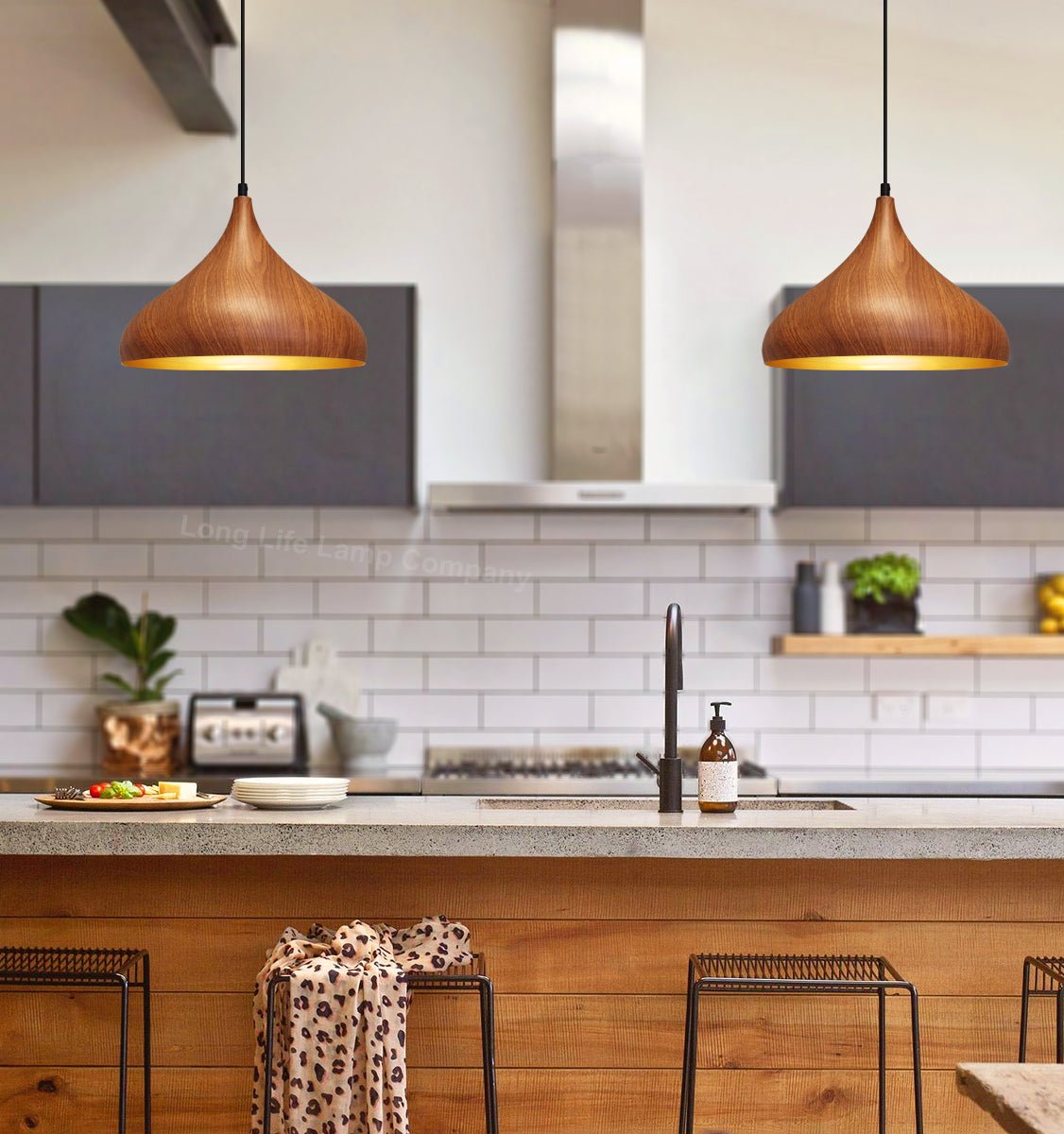 Modern Ceiling Pendant Dome Metal Wood Grain Finish Light - Energy Light Bulbs - Free delivery on all orders
