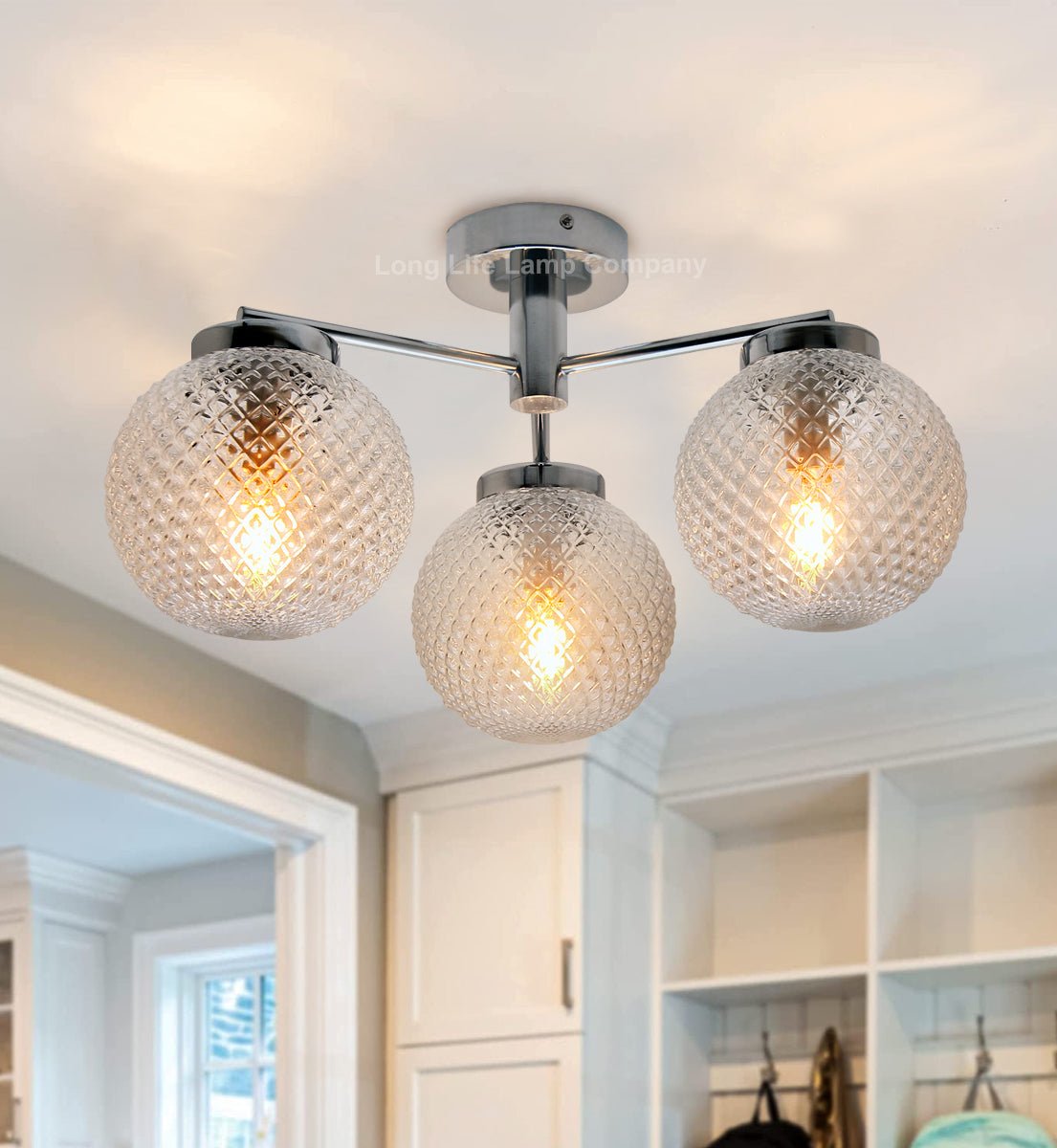 Modern Chrome 3 Way Ceiling Glass Globe Shades Light with 3 x E14 Candle 5w - Energy Light Bulbs - Free delivery on all orders