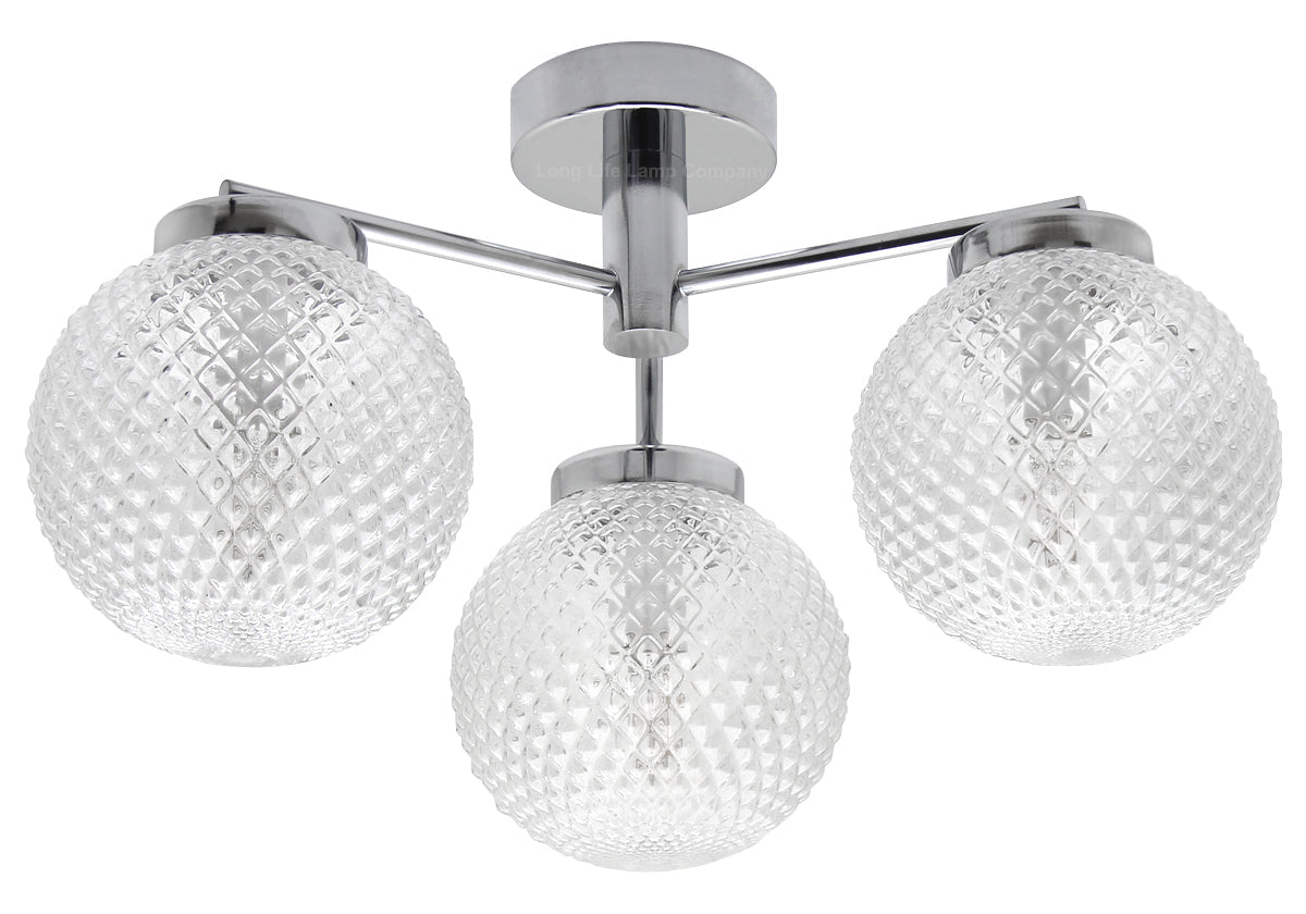 Modern Chrome 3 Way Ceiling Glass Globe Shades Light with 3 x E14 Candle 5w - Energy Light Bulbs - Free delivery on all orders