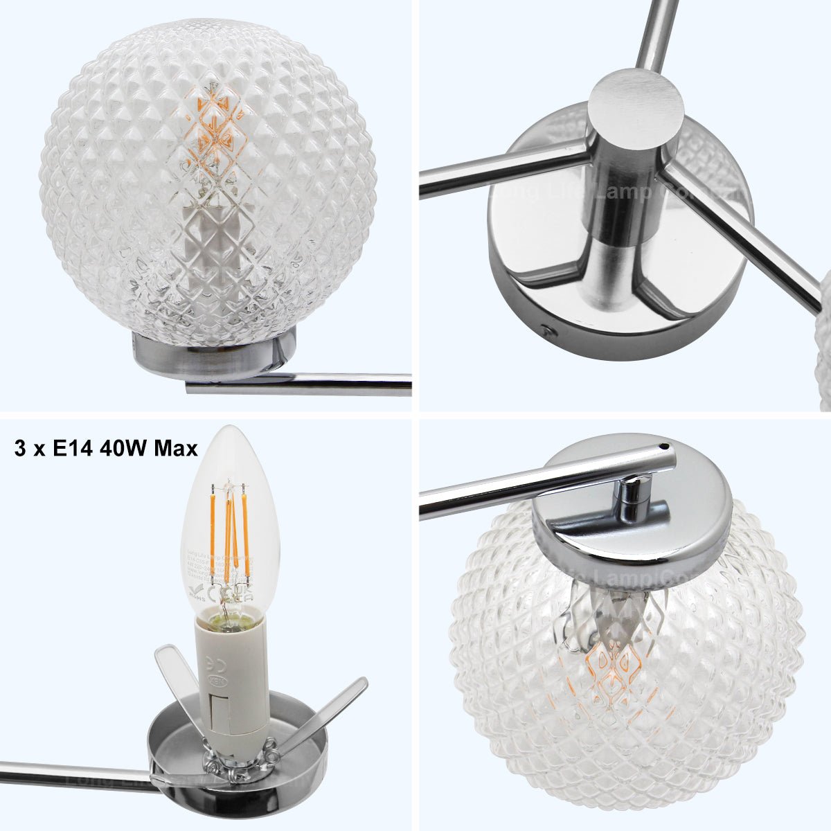 Modern Chrome 3 Way Ceiling Glass Globe Shades Light with 3 x E14 Candle 5w - Energy Light Bulbs - Free delivery on all orders