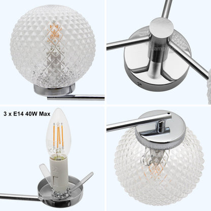 Modern Chrome 3 Way Ceiling Glass Globe Shades Light with 3 x E14 Candle 5w - Energy Light Bulbs - Free delivery on all orders