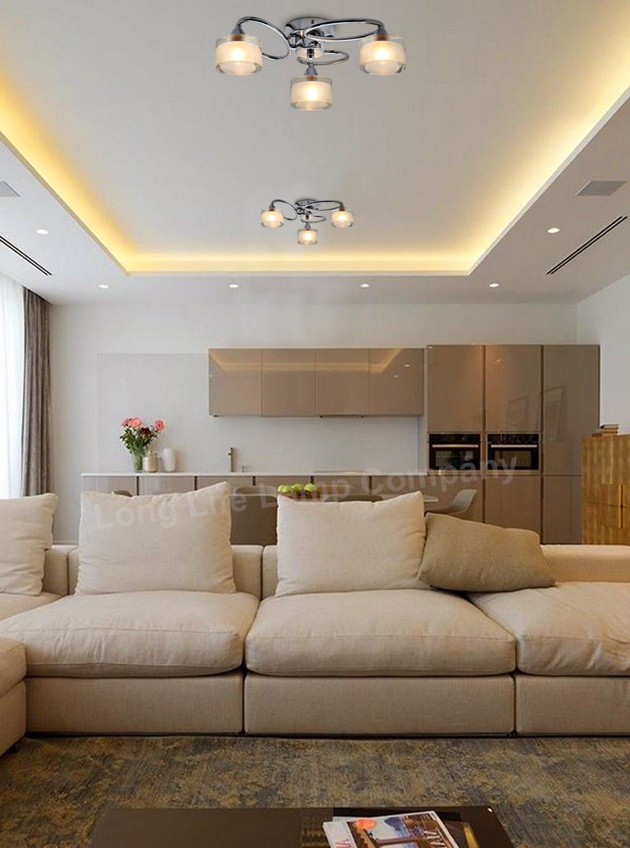 Modern Chrome 3 Way Ceiling Glass Shades Flush Mounted Crystal - Energy Light Bulbs - Free delivery on all orders