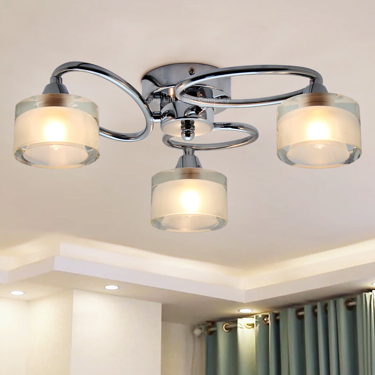 Modern Chrome 3 Way Ceiling Glass Shades Flush Mounted Crystal - Energy Light Bulbs - Free delivery on all orders