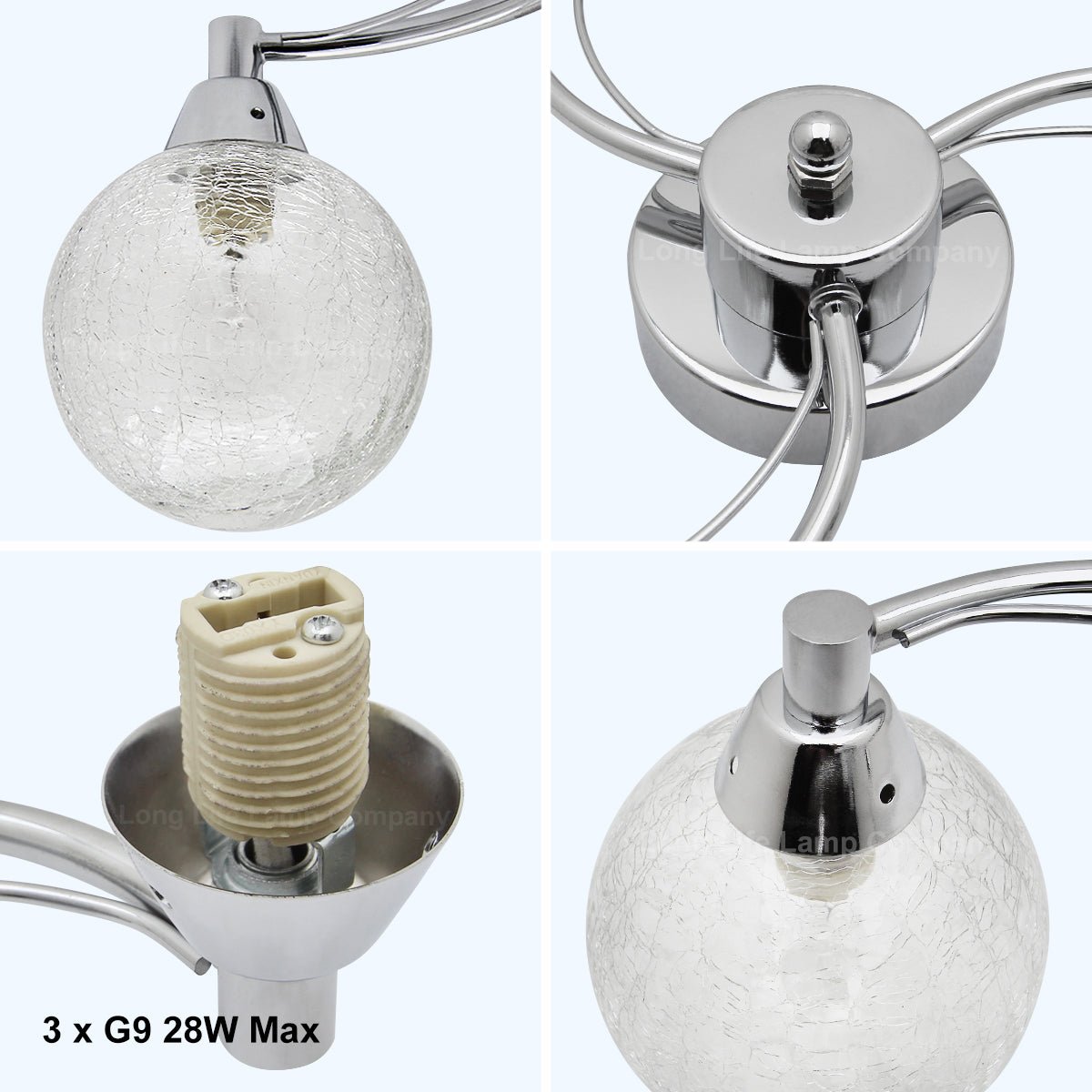Modern Chrome 3 Way Ceiling Light Glass Globe Shades H3060 with 3 x G9 5w LED - Energy Light Bulbs - Free delivery on all orders