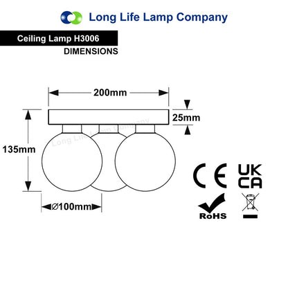 Modern Chrome 3 Way Round Frosted Globe Ceiling Light H3006 Warm White or Cool White - Energy Light Bulbs - Free delivery on all orders
