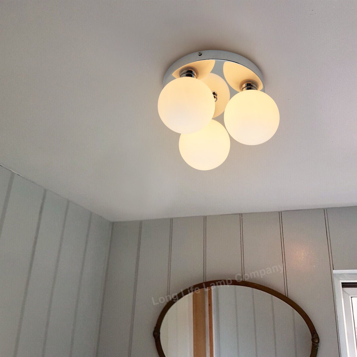 Modern Chrome 3 Way Round Frosted Globe Ceiling Light H3006 Warm White or Cool White - Energy Light Bulbs - Free delivery on all orders