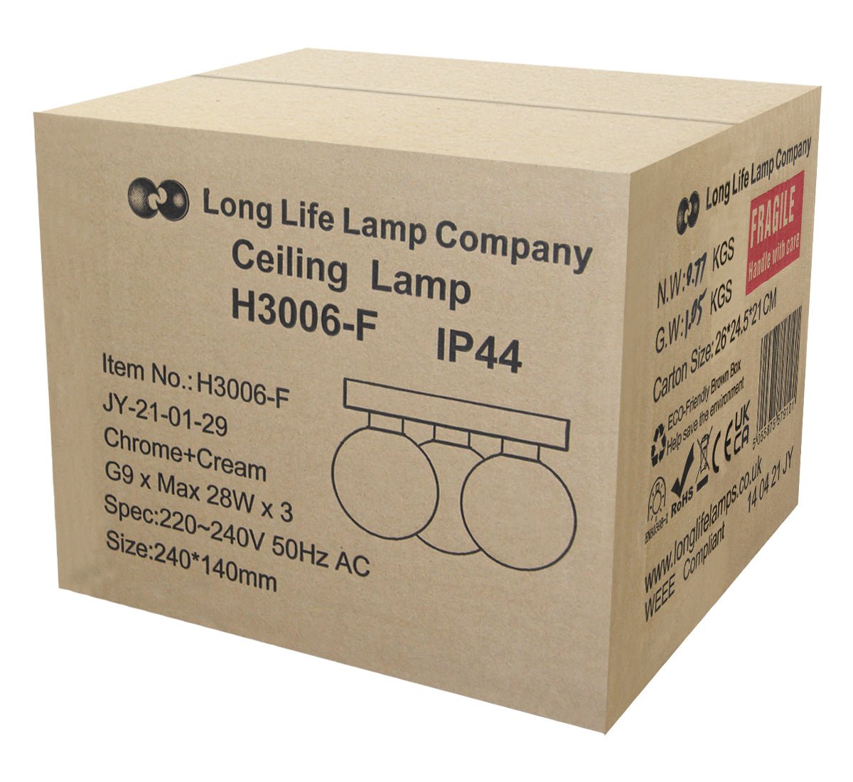 Modern Chrome 3 Way Round Frosted Globe Ceiling Light H3006 Warm White or Cool White - Energy Light Bulbs - Free delivery on all orders