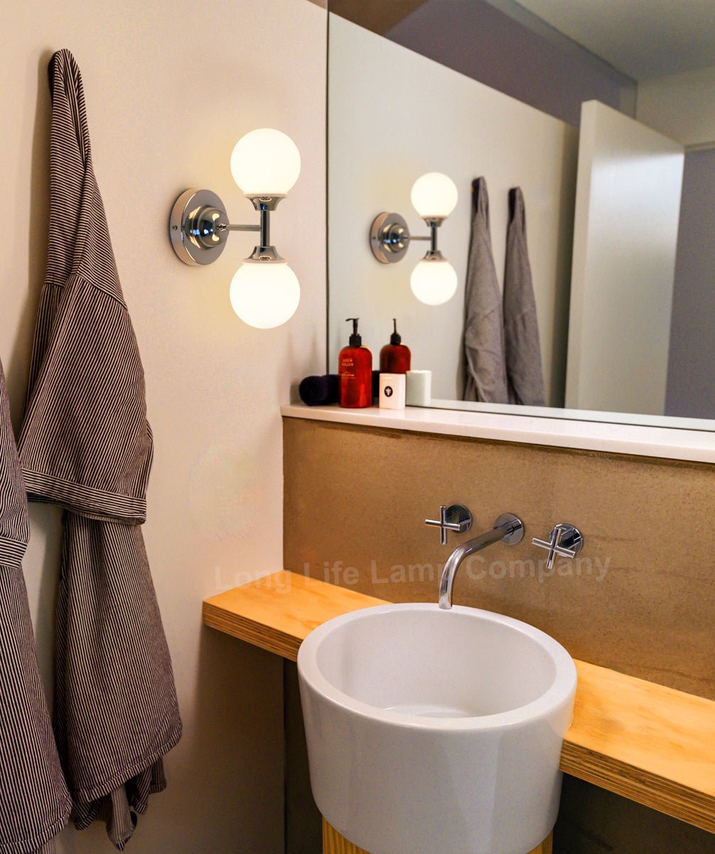 Modern Chrome Double Wall Light Sconce Frosted Glass Globe IP44 with LED G9 Warm White - Energy Light Bulbs - Free delivery on all orders