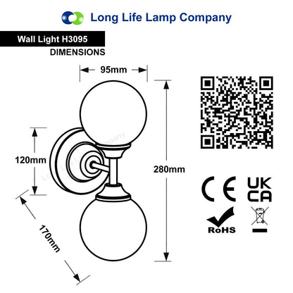 Modern Chrome Double Wall Light Sconce Frosted Glass Globe IP44 with LED G9 Warm White - Energy Light Bulbs - Free delivery on all orders