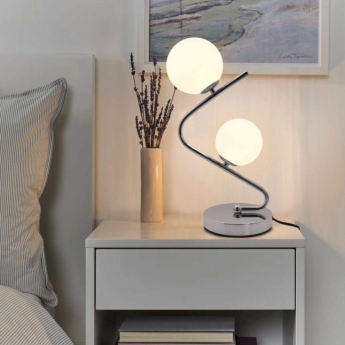 Modern Chrome Twin Opaque Frosted Glass Globe Table Lamp - Energy Light Bulbs - Free delivery on all orders