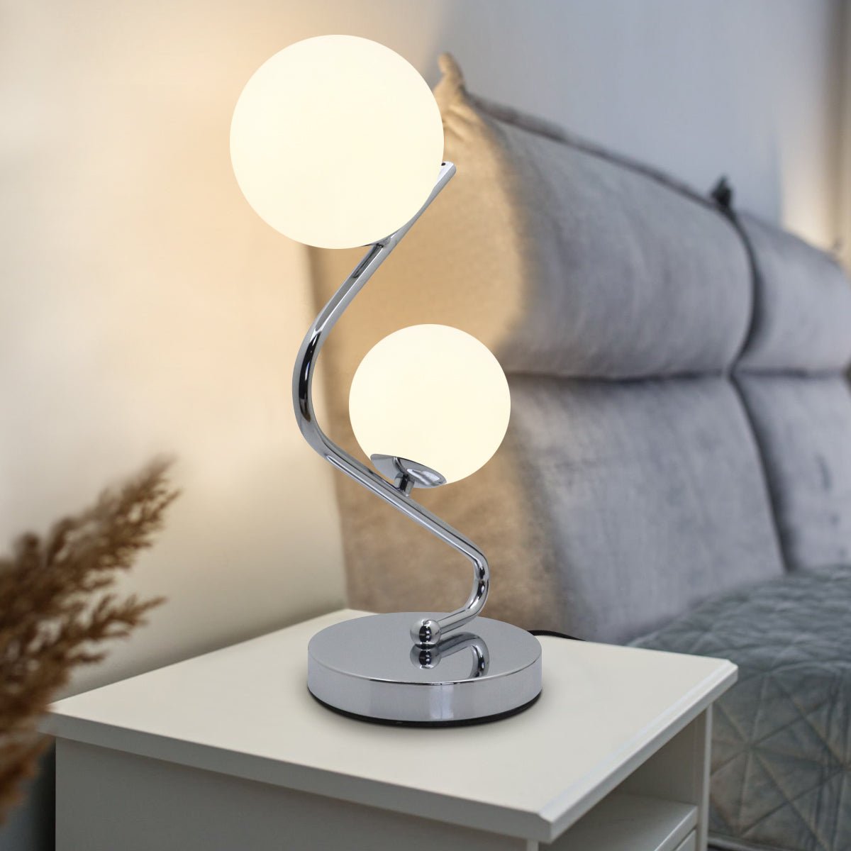 Modern Chrome Twin Opaque Frosted Glass Globe Table Lamp - Energy Light Bulbs - Free delivery on all orders
