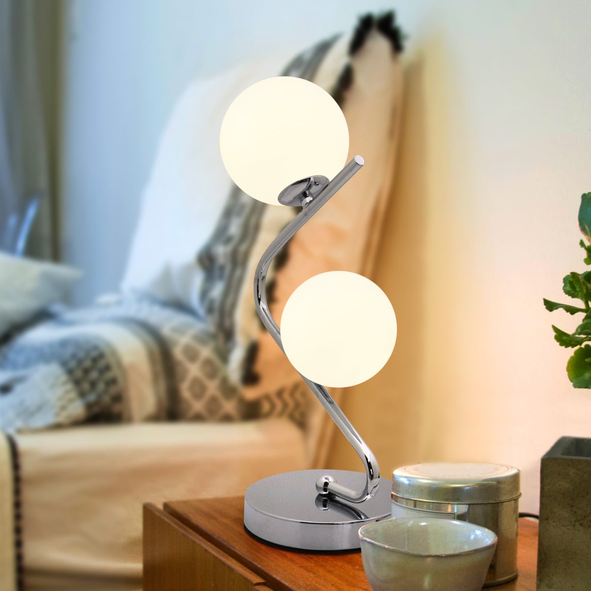 Modern Chrome Twin Opaque Frosted Glass Globe Table Lamp - Energy Light Bulbs - Free delivery on all orders