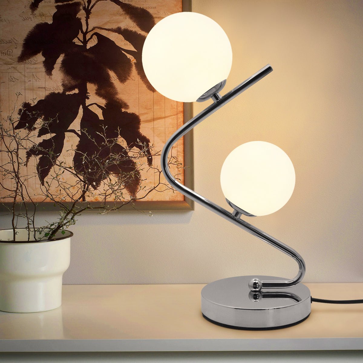 Modern Chrome Twin Opaque Frosted Glass Globe Table Lamp - Energy Light Bulbs - Free delivery on all orders