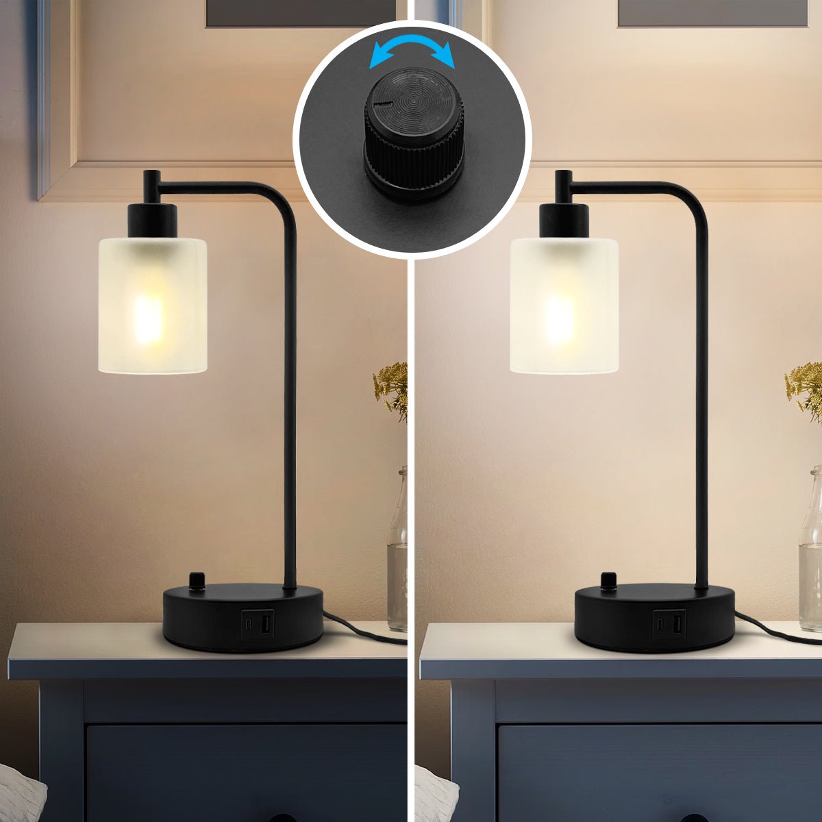 Modern Dimmable Table Lamp with Frosted Glass Shade Black Metal Base with USB Ports - Energy Light Bulbs - Free delivery on all orders