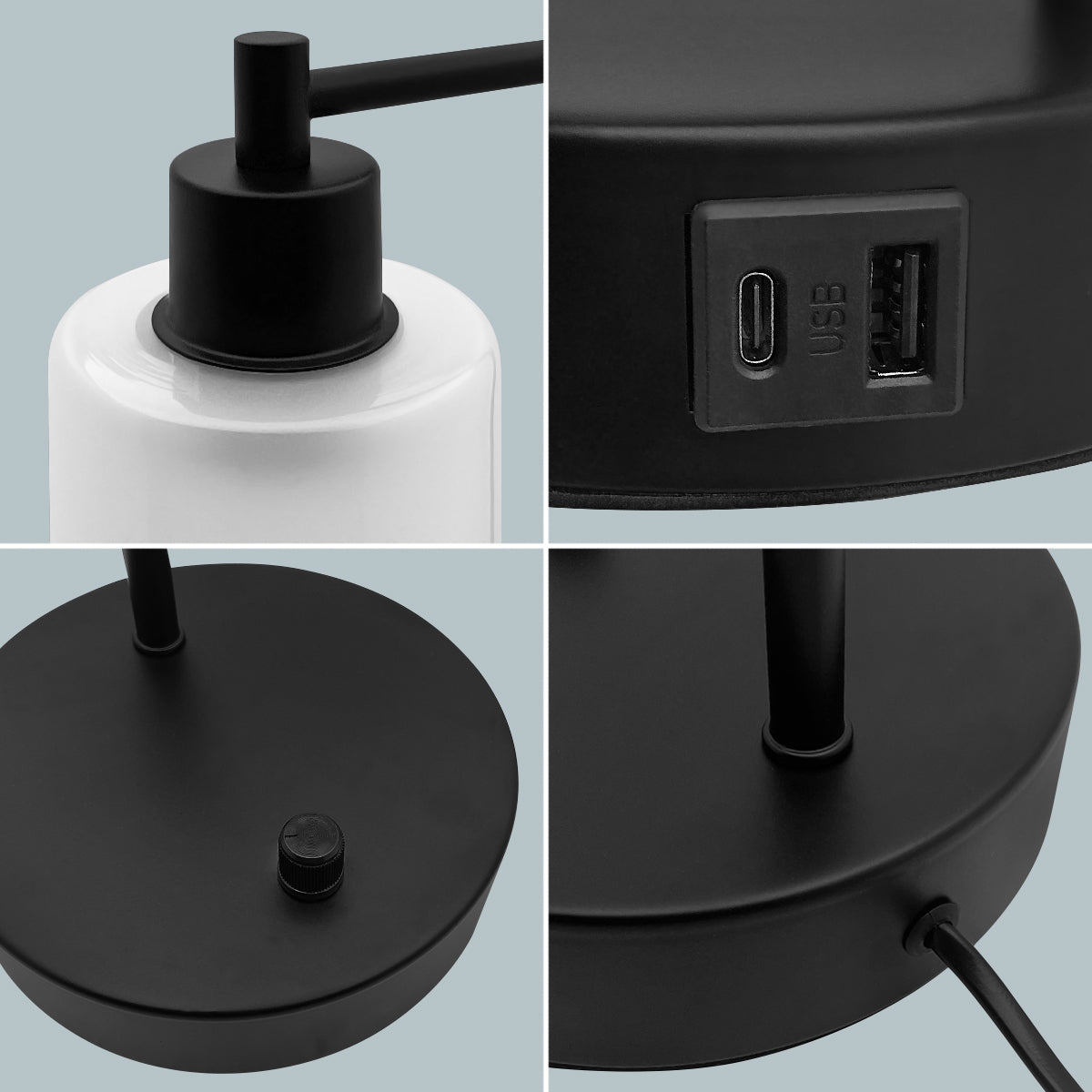 Modern Dimmable Table Lamp with Frosted Glass Shade Black Metal Base with USB Ports - Energy Light Bulbs - Free delivery on all orders
