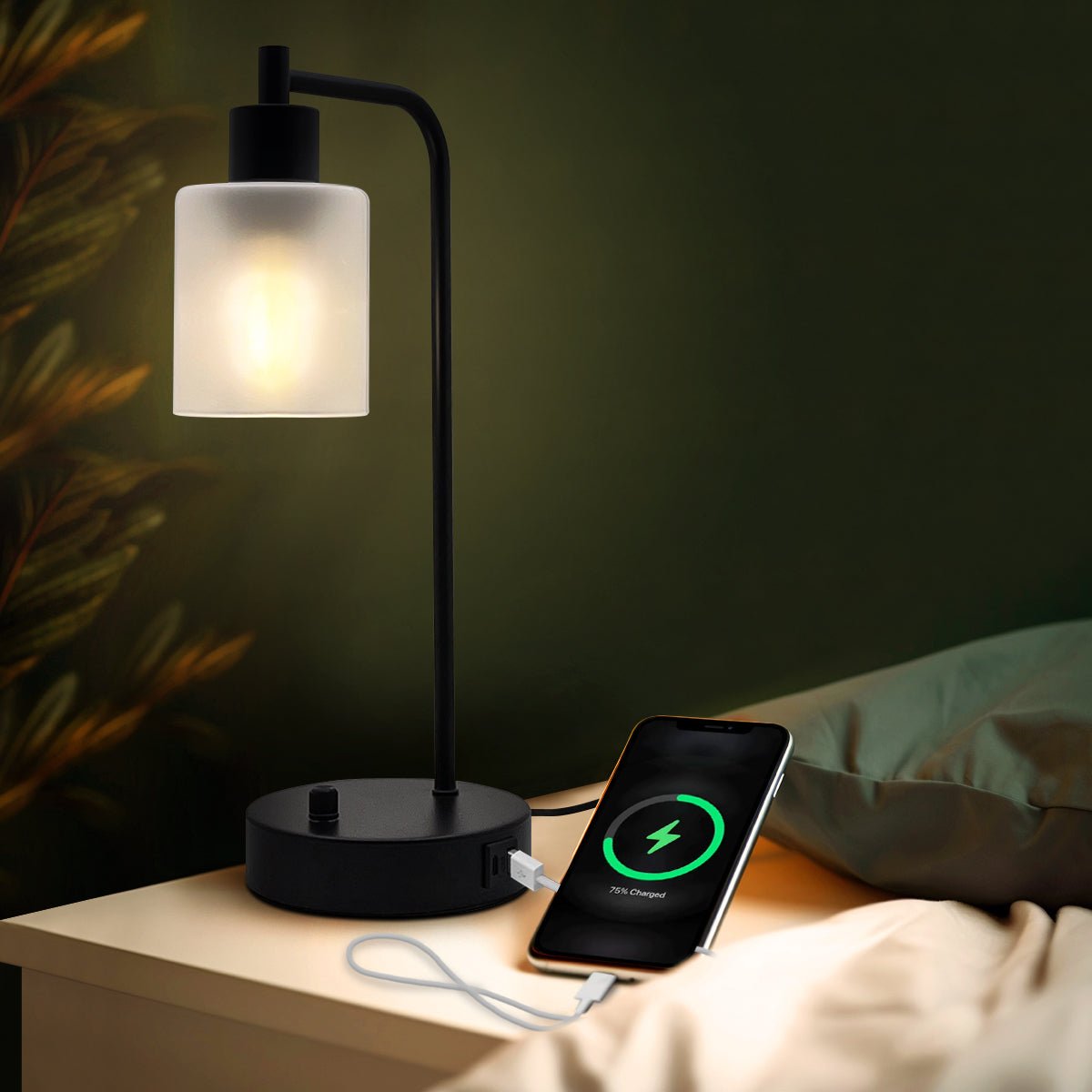 Modern Dimmable Table Lamp with Frosted Glass Shade Black Metal Base with USB Ports - Energy Light Bulbs - Free delivery on all orders