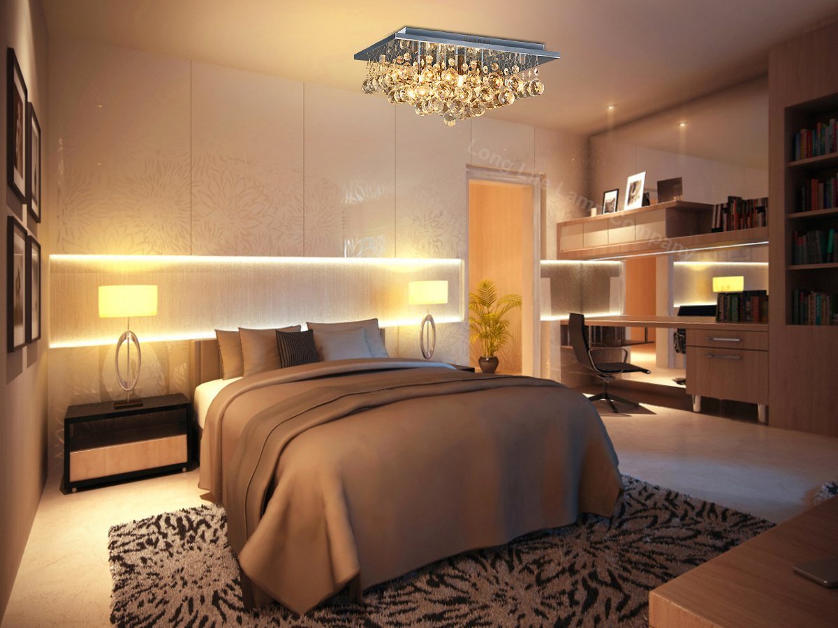 Modern Elegant Square Chandelier Ceiling Light Crystal Droplets Chrome Base - Energy Light Bulbs - Free delivery on all orders