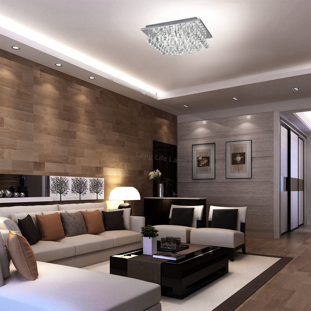 Modern Elegant Square Chandelier Ceiling Light Crystal Droplets Chrome Base - Energy Light Bulbs - Free delivery on all orders