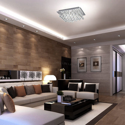 Modern Elegant Square Chandelier Ceiling Light Crystal Droplets Chrome Base - Energy Light Bulbs - Free delivery on all orders