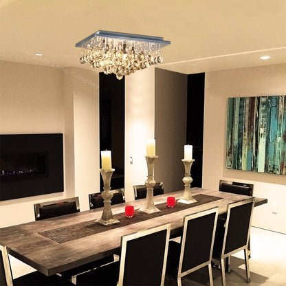 Modern Elegant Square Chandelier Ceiling Light Crystal Droplets Chrome Base - Energy Light Bulbs - Free delivery on all orders