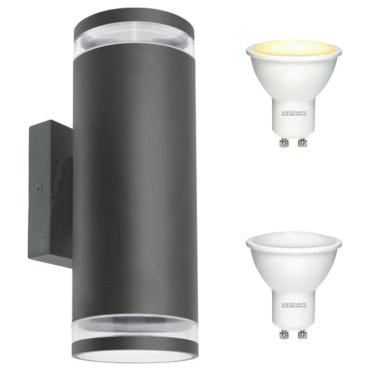 Buy modern dark grey outdoor up down wall light with 2 x 5W GU10 LED bulbs and IP44 weather resistant design