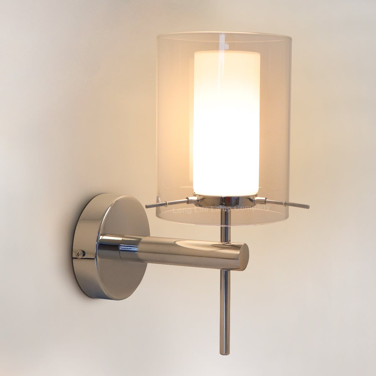 Modern Glass Wall Light Chrome Clear Glass Shade IP44 with G9 LED 5w Warm White - Energy Light Bulbs - Free delivery on all orders