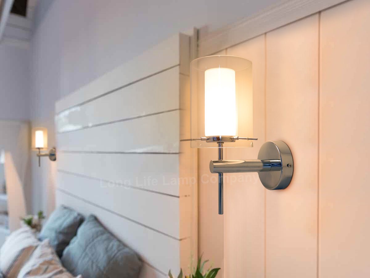 Modern Glass Wall Light Chrome Clear Glass Shade IP44 with G9 LED 5w Warm White - Energy Light Bulbs - Free delivery on all orders