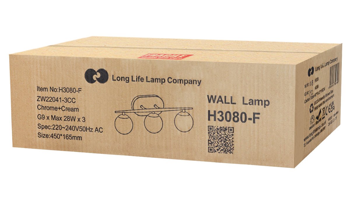 Modern Indoor 3 Frosted Glass Globe Scone Chrome Wall Light With LED G9 Warm White - Energy Light Bulbs - Free delivery on all orders