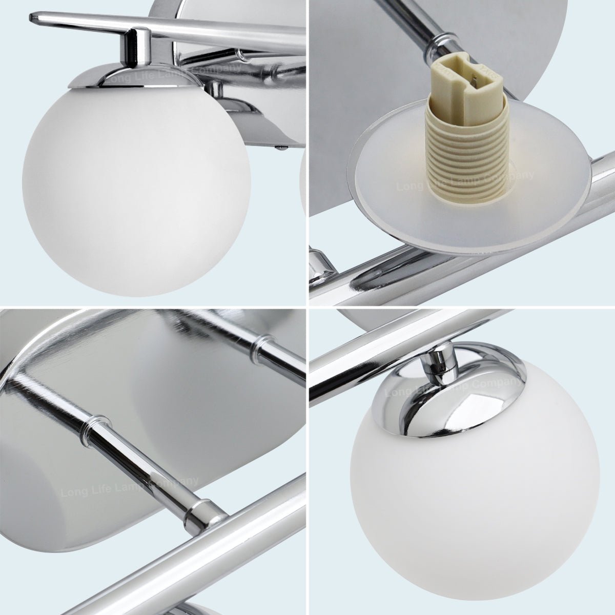 Modern Indoor 4 Frosted Glass Globe Scone Chrome Wall Light With LED G9 Warm White - Energy Light Bulbs - Free delivery on all orders