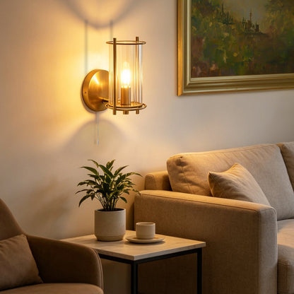 Modern Indoor Brass Clear Ribbed Glass Wall Light with Pull Switch BW19 - Energy Light Bulbs - Free delivery on all orders