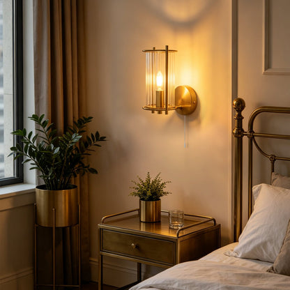 Modern Indoor Brass Clear Ribbed Glass Wall Light with Pull Switch BW19 - Energy Light Bulbs - Free delivery on all orders