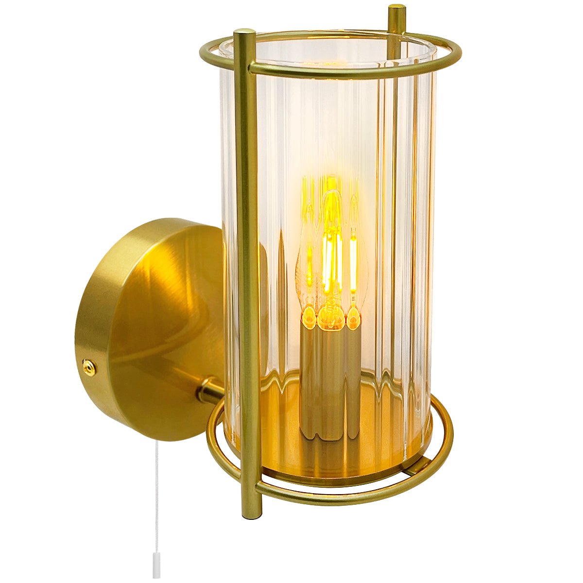 Modern Indoor Brass Clear Ribbed Glass Wall Light with Pull Switch BW19 - Energy Light Bulbs - Free delivery on all orders