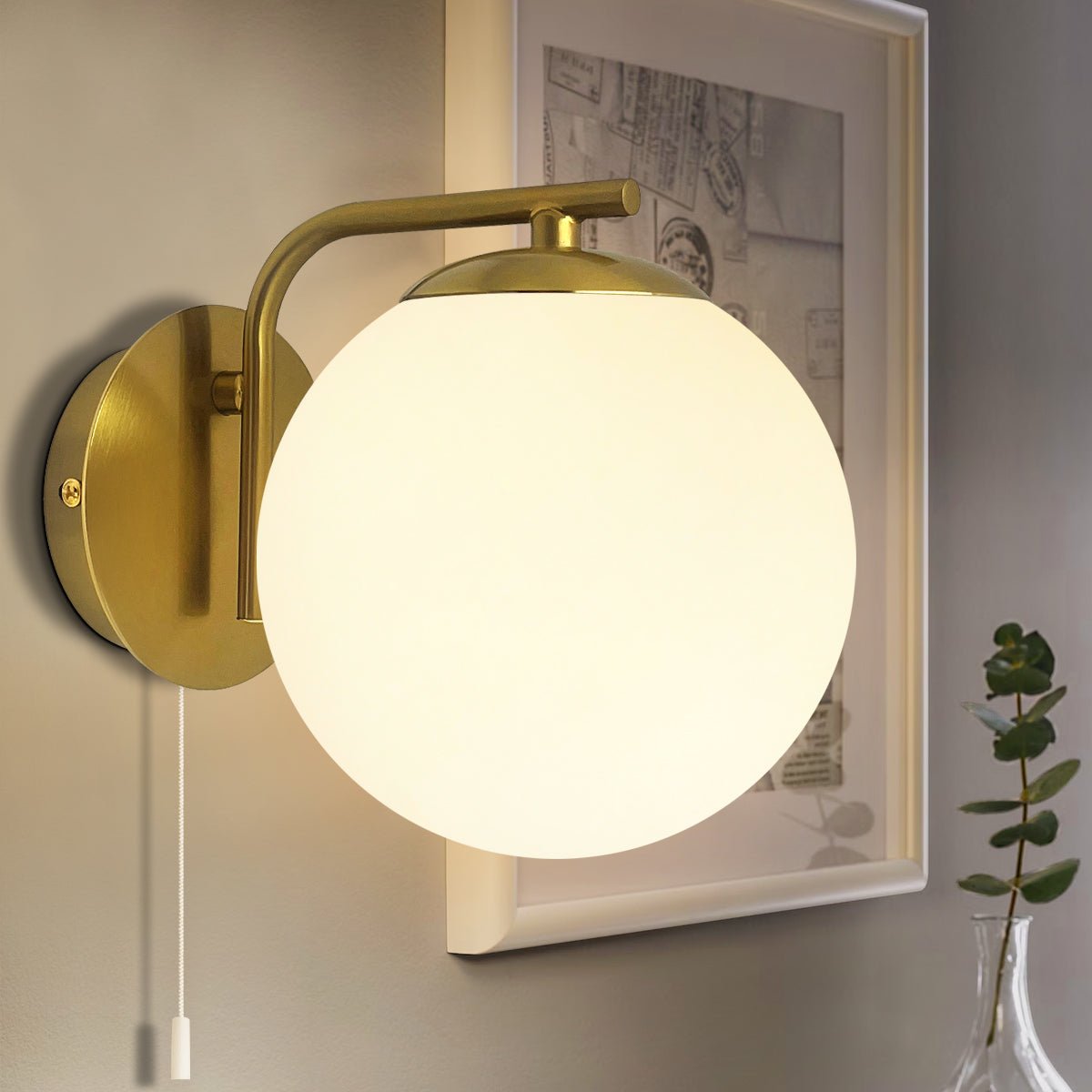 Modern Indoor Brass Frosted Glass Wall Light with Pull Switch - Energy Light Bulbs - Free delivery on all orders