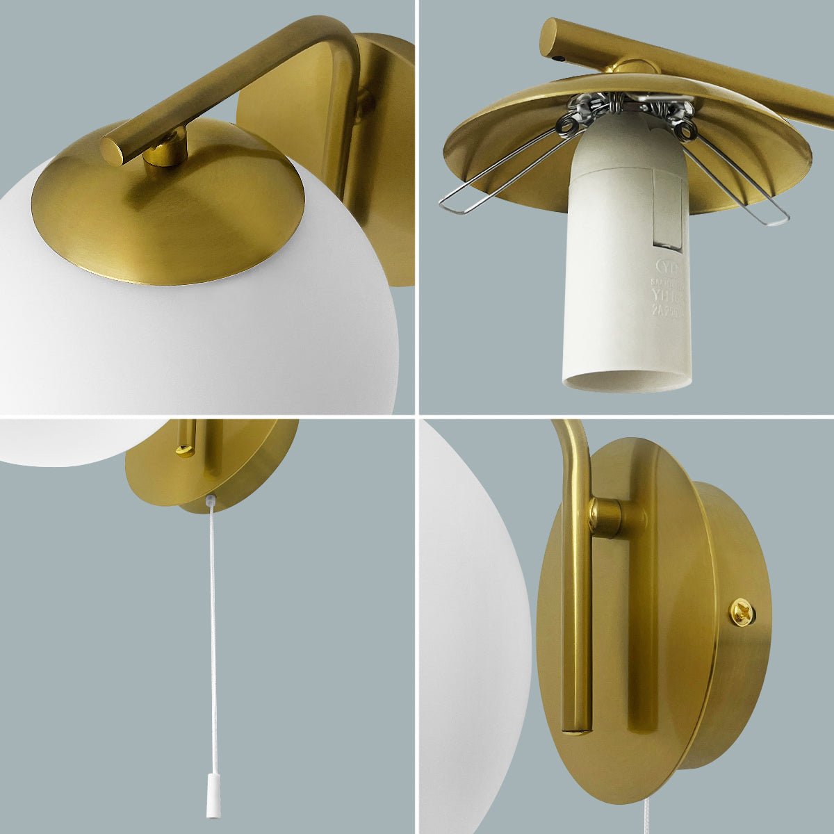 Modern Indoor Brass Frosted Glass Wall Light with Pull Switch - Energy Light Bulbs - Free delivery on all orders