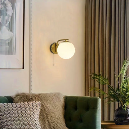 Modern Indoor Brass Frosted Glass Wall Light with Pull Switch - Energy Light Bulbs - Free delivery on all orders