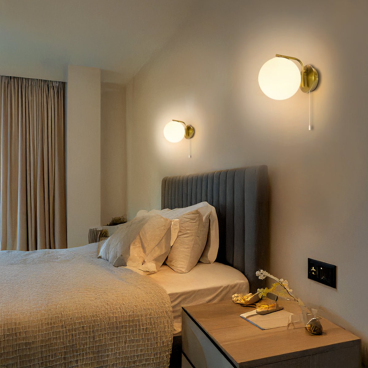 Modern Indoor Brass Frosted Glass Wall Light with Pull Switch - Energy Light Bulbs - Free delivery on all orders