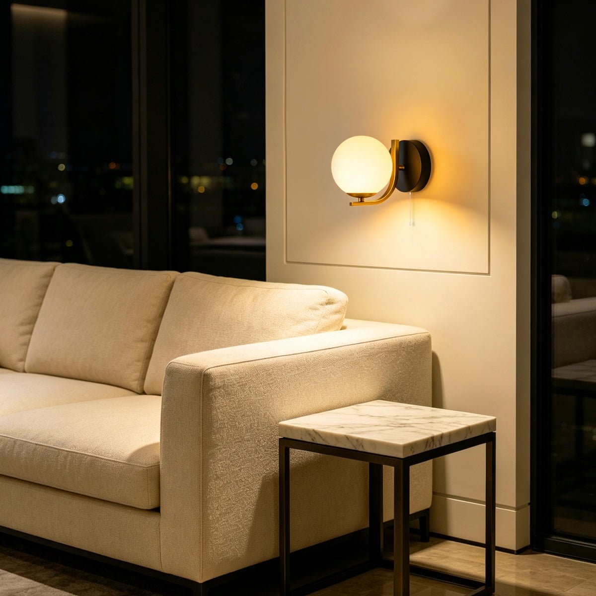 Modern Indoor Brass Wall Light Frosted Glass Globe with Pull Switch BW18 - Energy Light Bulbs - Free delivery on all orders