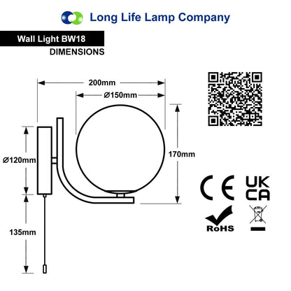 Modern Indoor Brass Wall Light Frosted Glass Globe with Pull Switch BW18 - Energy Light Bulbs - Free delivery on all orders