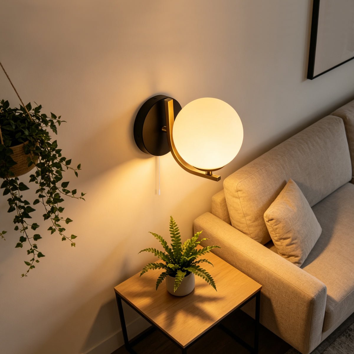 Modern Indoor Brass Wall Light Frosted Glass Globe with Pull Switch BW18 - Energy Light Bulbs - Free delivery on all orders