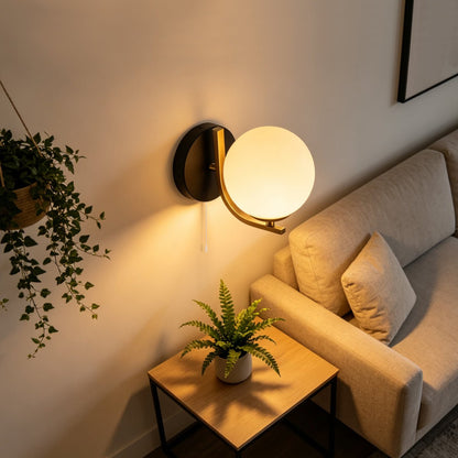 Modern Indoor Brass Wall Light Frosted Glass Globe with Pull Switch BW18 - Energy Light Bulbs - Free delivery on all orders
