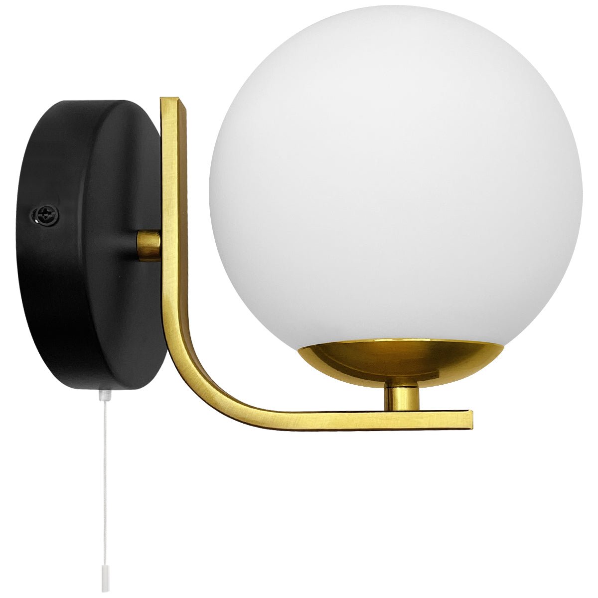 Modern Indoor Brass Wall Light Frosted Glass Globe with Pull Switch BW18 - Energy Light Bulbs - Free delivery on all orders