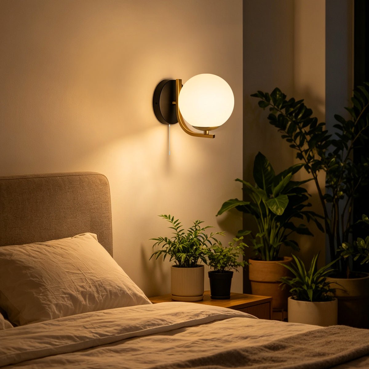 Modern Indoor Brass Wall Light Frosted Glass Globe with Pull Switch BW18 - Energy Light Bulbs - Free delivery on all orders