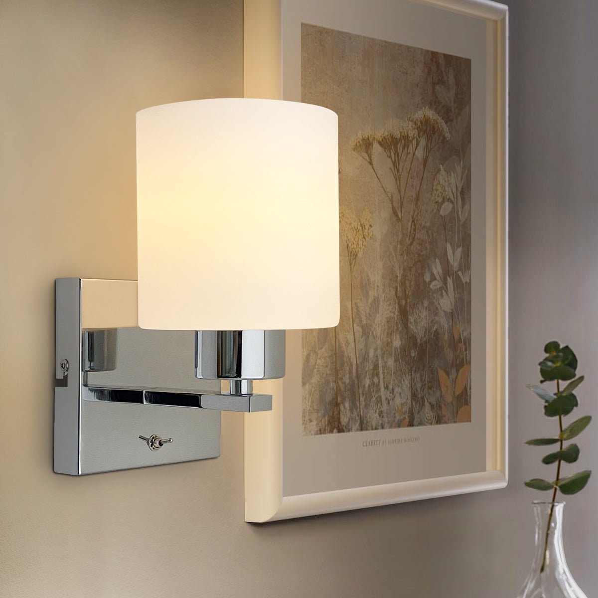 Modern Indoor Chrome Frosted Glass Wall Light with Switch - Energy Light Bulbs - Free delivery on all orders