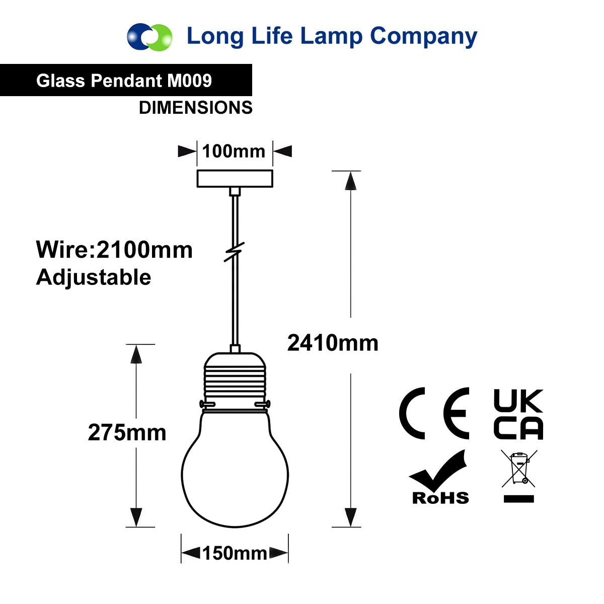Clear glass bulb shape ceiling pendant with E27 fitting and adjustable height for modern vintage interiors