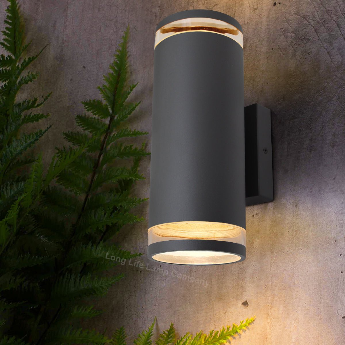 Modern outdoor wall light with warm or cool white GU10 LEDs and decorative ring light effect