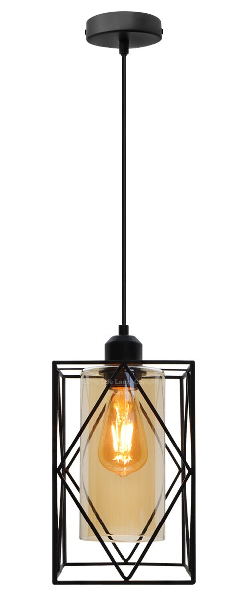 Modern Rectangular Black Metal Cage Amber Cylinder Glass Ceiling Pendant Light - Energy Light Bulbs - Free delivery on all orders