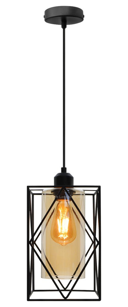 Modern Rectangular Black Metal Cage Amber Cylinder Glass Ceiling Pendant Light - Energy Light Bulbs - Free delivery on all orders
