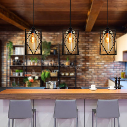 Modern Rectangular Black Metal Cage Amber Cylinder Glass Ceiling Pendant Light - Energy Light Bulbs - Free delivery on all orders